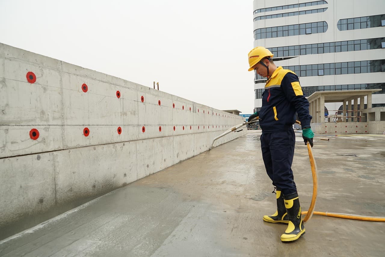 Worker spraying coating on a flat roof deck